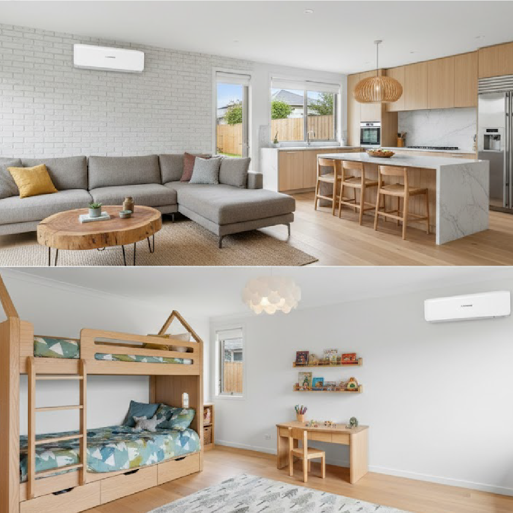 A collage of two modern rooms featuring wall-mounted air conditioning units in a minimalist living area and a bright kids' bedroom.