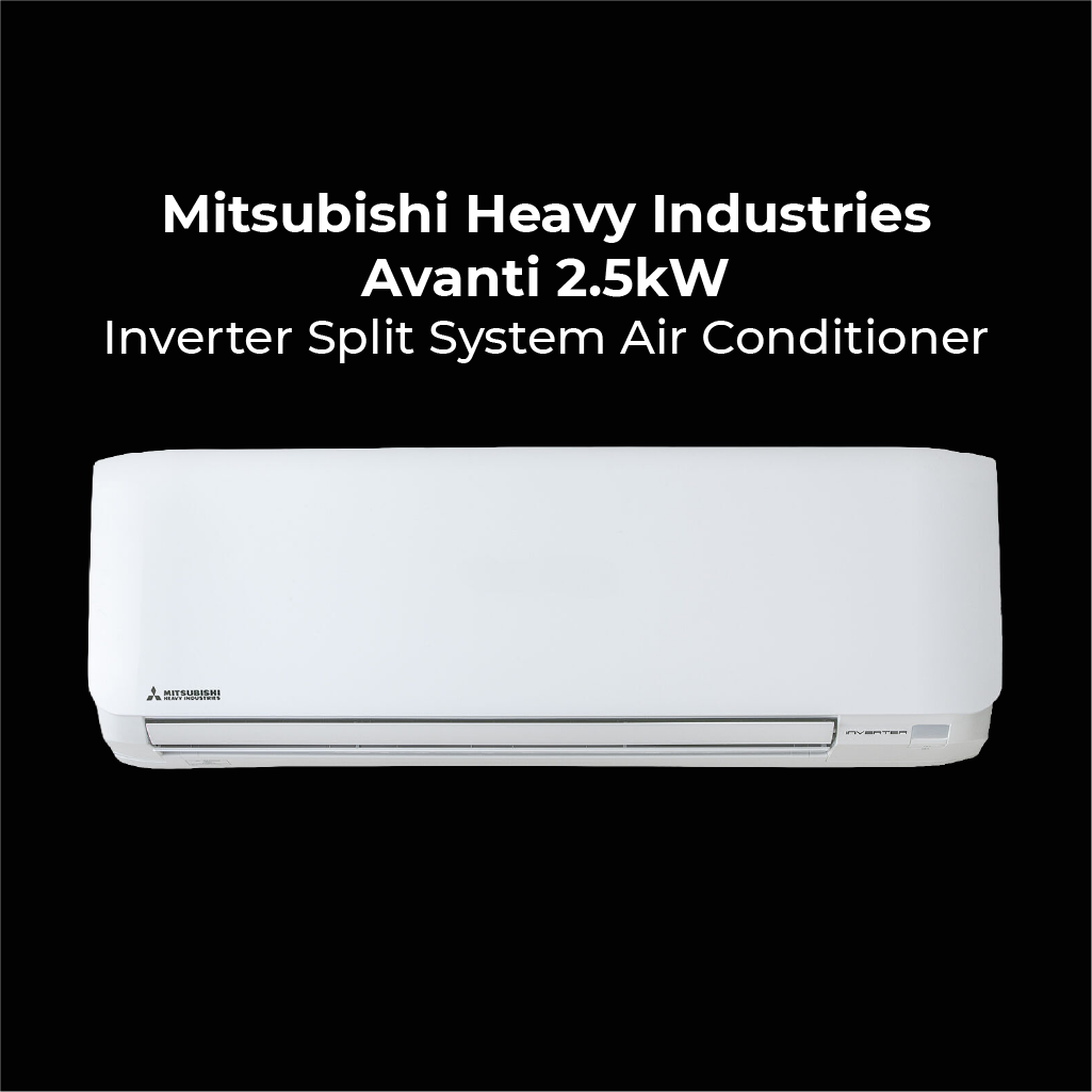 Mitsubishi Heavy Industries Avanti 2.5kW Inverter Split System Air Conditioner. A sleek, wall-mounted white indoor unit against a black background.