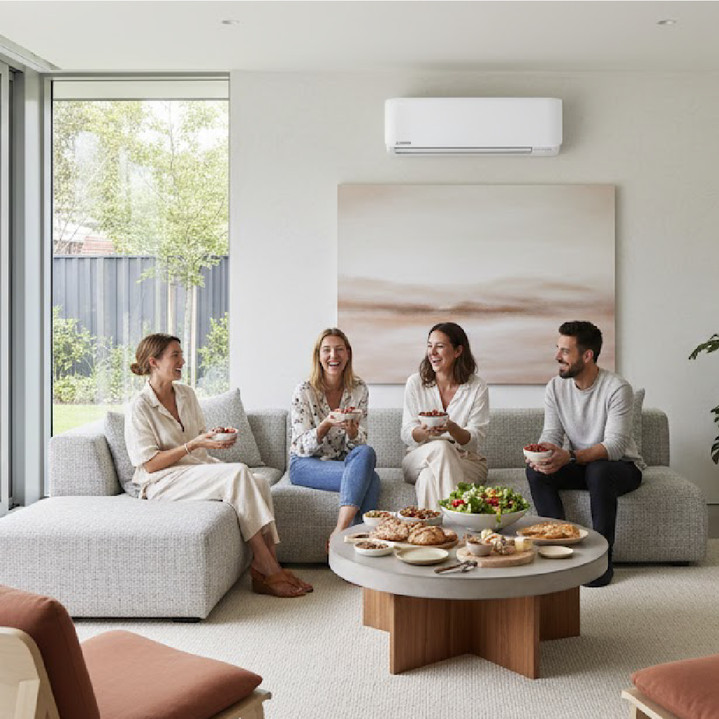 A white Mitsubishi Heavy Industries 2kW air conditioner mounted above a large abstract painting in a modern living room where four friends are sitting on a grey sectional sofa.
