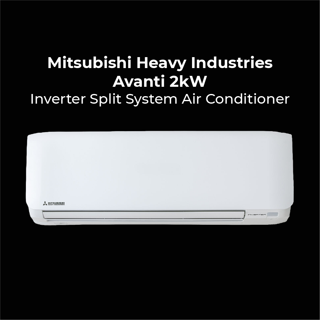 Mitsubishi Heavy Industries Avanti 2kW Inverter Split System Air Conditioner. Modern white wall mounted indoor unit shown on a solid black background.