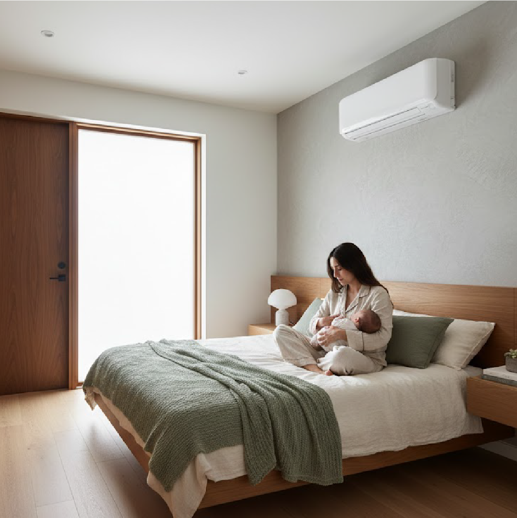 A mother sitting on a bed and holding her baby in a modern bedroom with a 3.5kW Mitsubishi Heavy Industries air conditioner mounted on a grey textured wall.