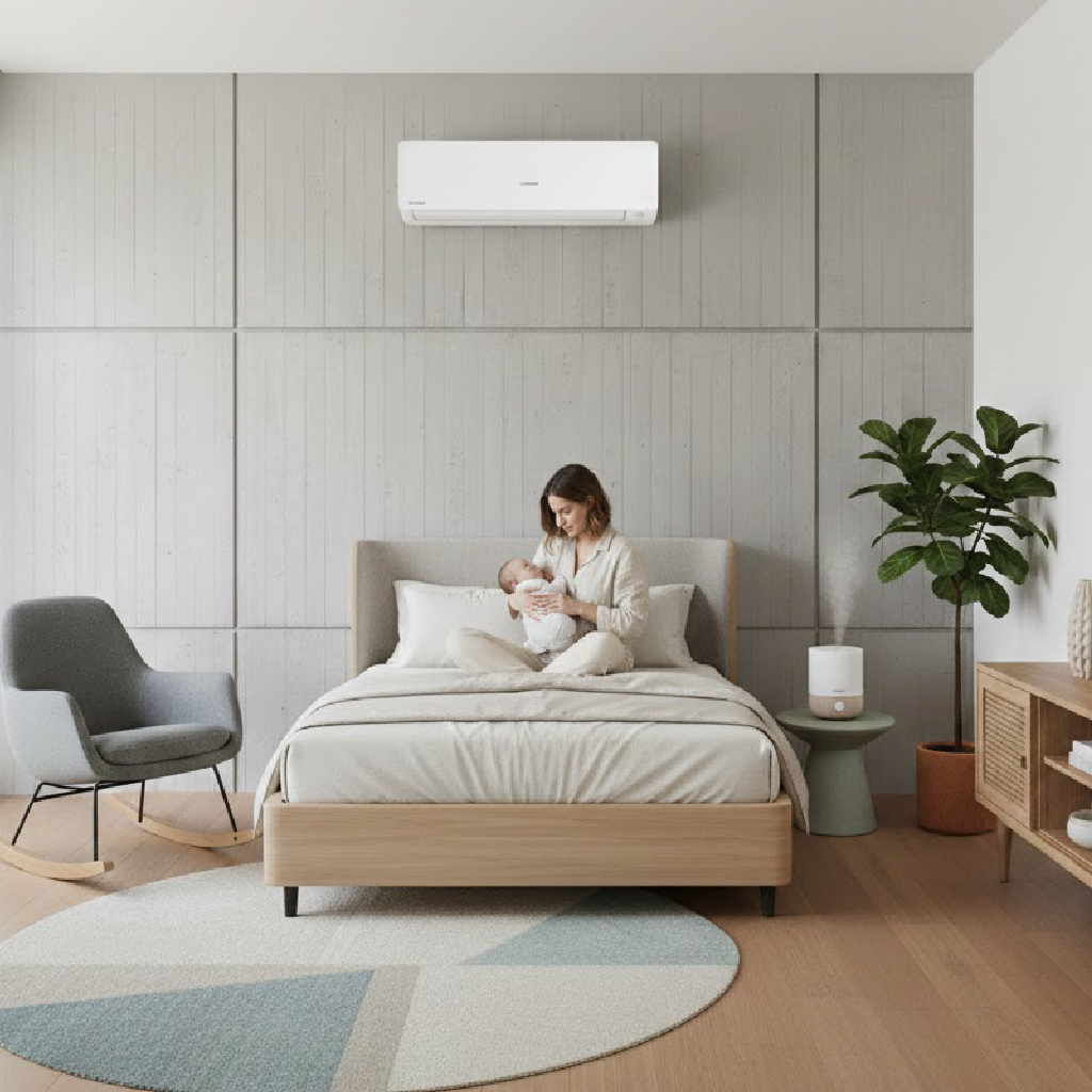 Mother holding a baby in a minimalist bedroom with a wall mounted air conditioner above the bed.