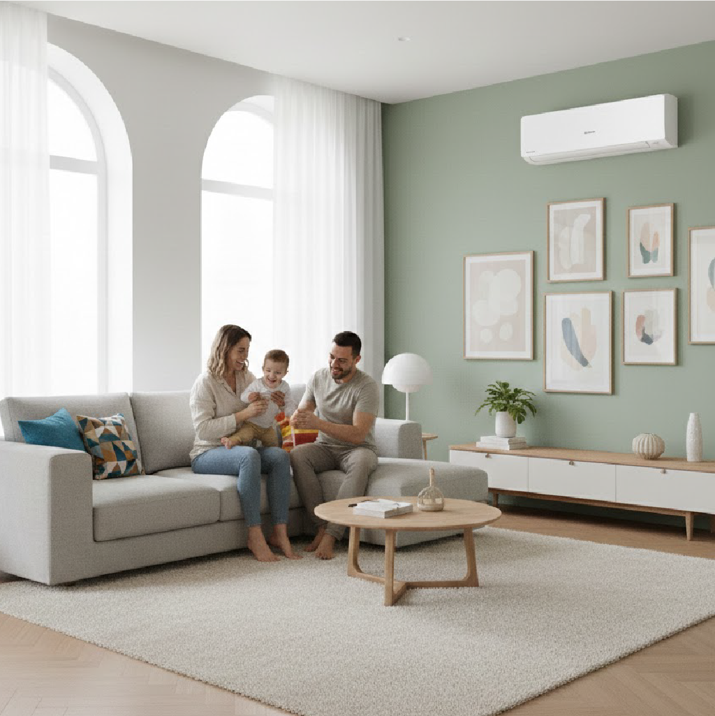 A family with a young child playing on a grey sofa in a living room with a sage green wall, arched windows, and a white air conditioner.