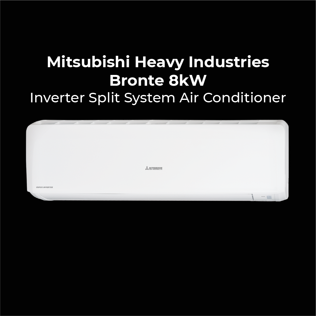 Mitsubishi Heavy Industries Bronte 8kW Inverter Split System Air Conditioner. Sleek white indoor wall-mounted unit featuring Hyper Inverter technology.