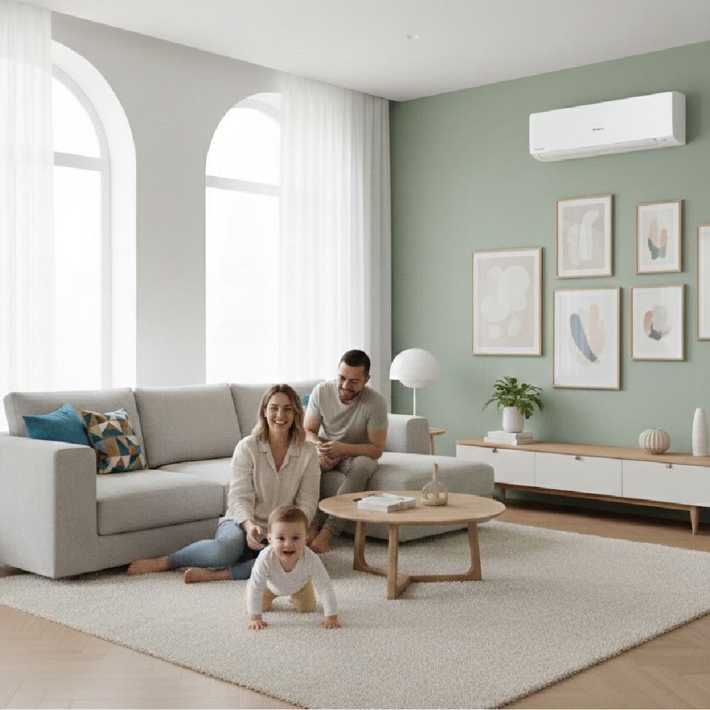 A happy family in a modern living room with a green accent wall and a wall mounted air conditioner.