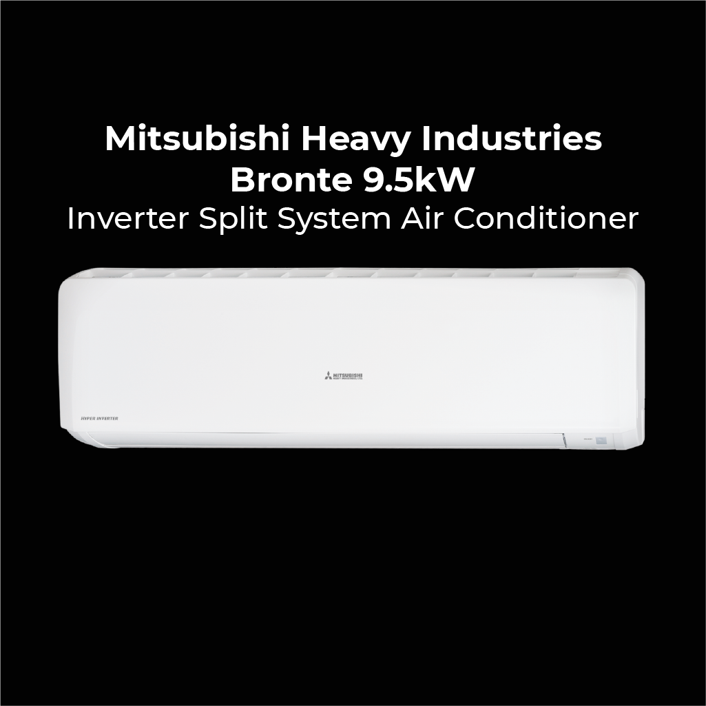 Mitsubishi Heavy Industries Bronte 9.5kW Inverter Split System Air Conditioner. Sleek white indoor wall-mounted unit featuring Hyper Inverter technology.