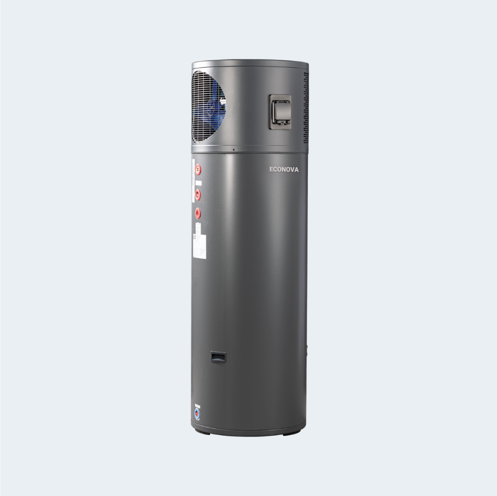 Eco Nova heat pump hot water system shown from the side with ventilation fan visible.