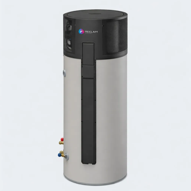 Front view of Reclaim heat pump water heater with inlet and outlet connections, modern energy-efficient hot water solution for homes