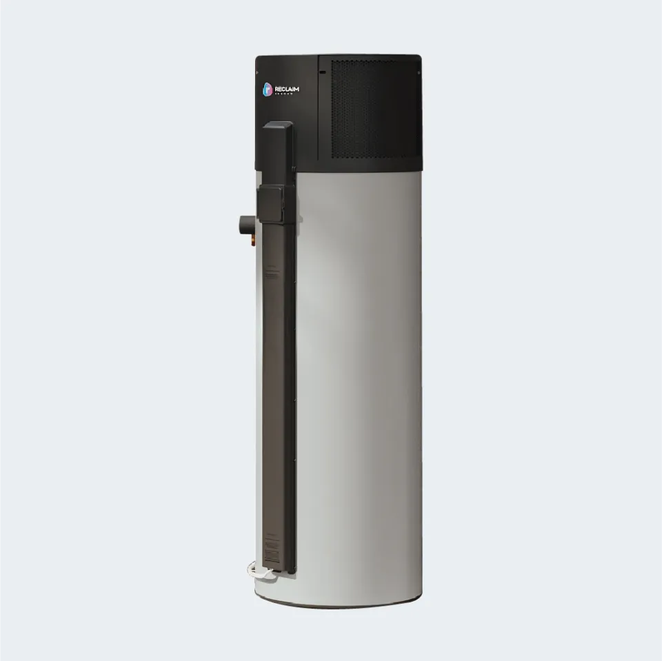 Reclaim heat pump water heater side view showing tall cylindrical energy-efficient hot water system for residential use