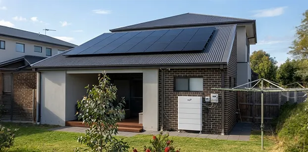 Modern Australian home with rooftop solar panels, wall-mounted inverter and outdoor solar battery storage system installed for residential renewable energy.