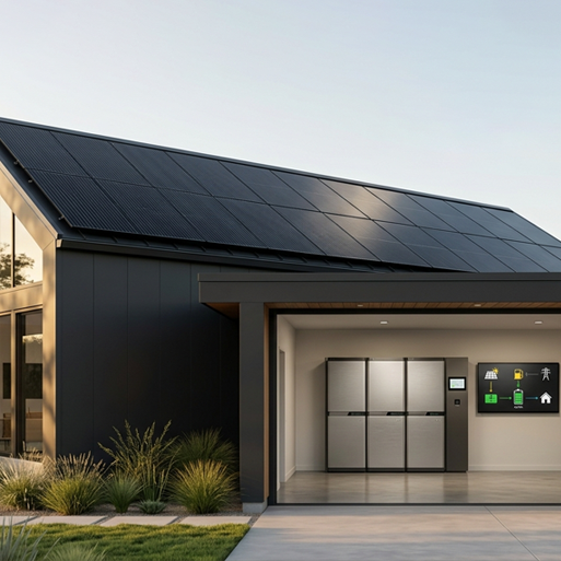 Modern home with rooftop solar panels and a large battery energy storage system installed inside the garage.
