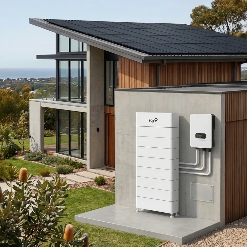 FOXESS solar battery and wall-mounted inverter installed beside a modern Australian home with rooftop solar panels for residential energy storage.