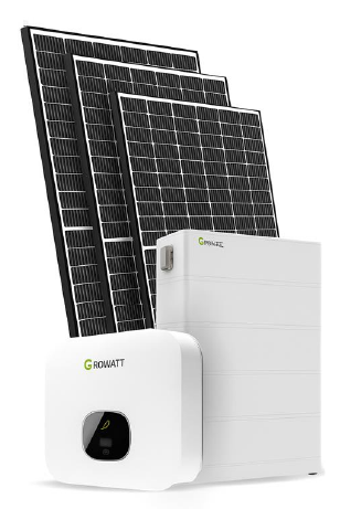 Growatt solar panels with residential battery storage and inverter system.