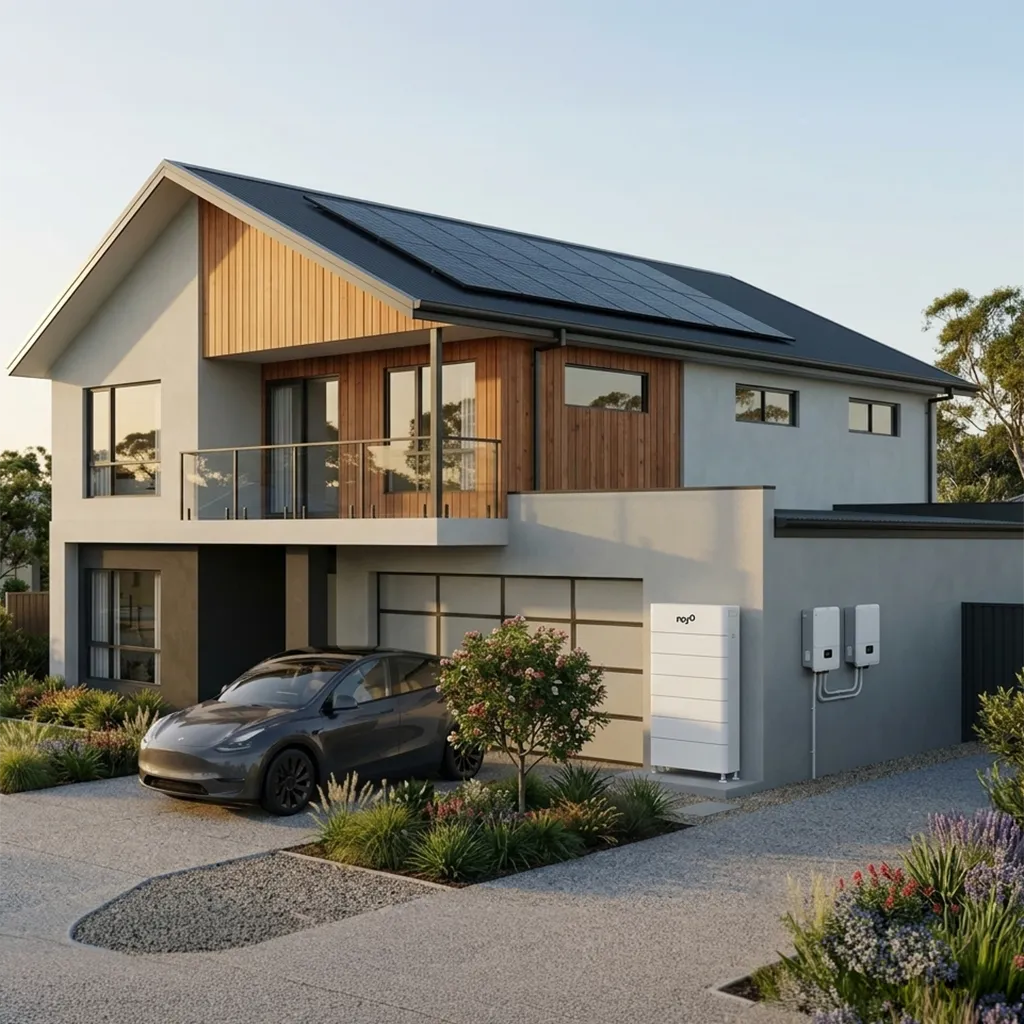 Modern Australian home with rooftop solar panels, outdoor solar battery storage system, dual wall-mounted inverters and electric vehicle parked in the driveway.