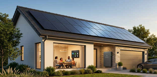 Modern Australian home with rooftop solar panels and a home battery storage system.
